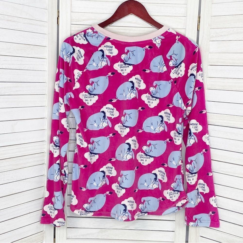 Disney‎ Eeyore Velour Lounge Sleep Shirt Pink Medium Long Sleeve Pullover - Picture 8 of 11